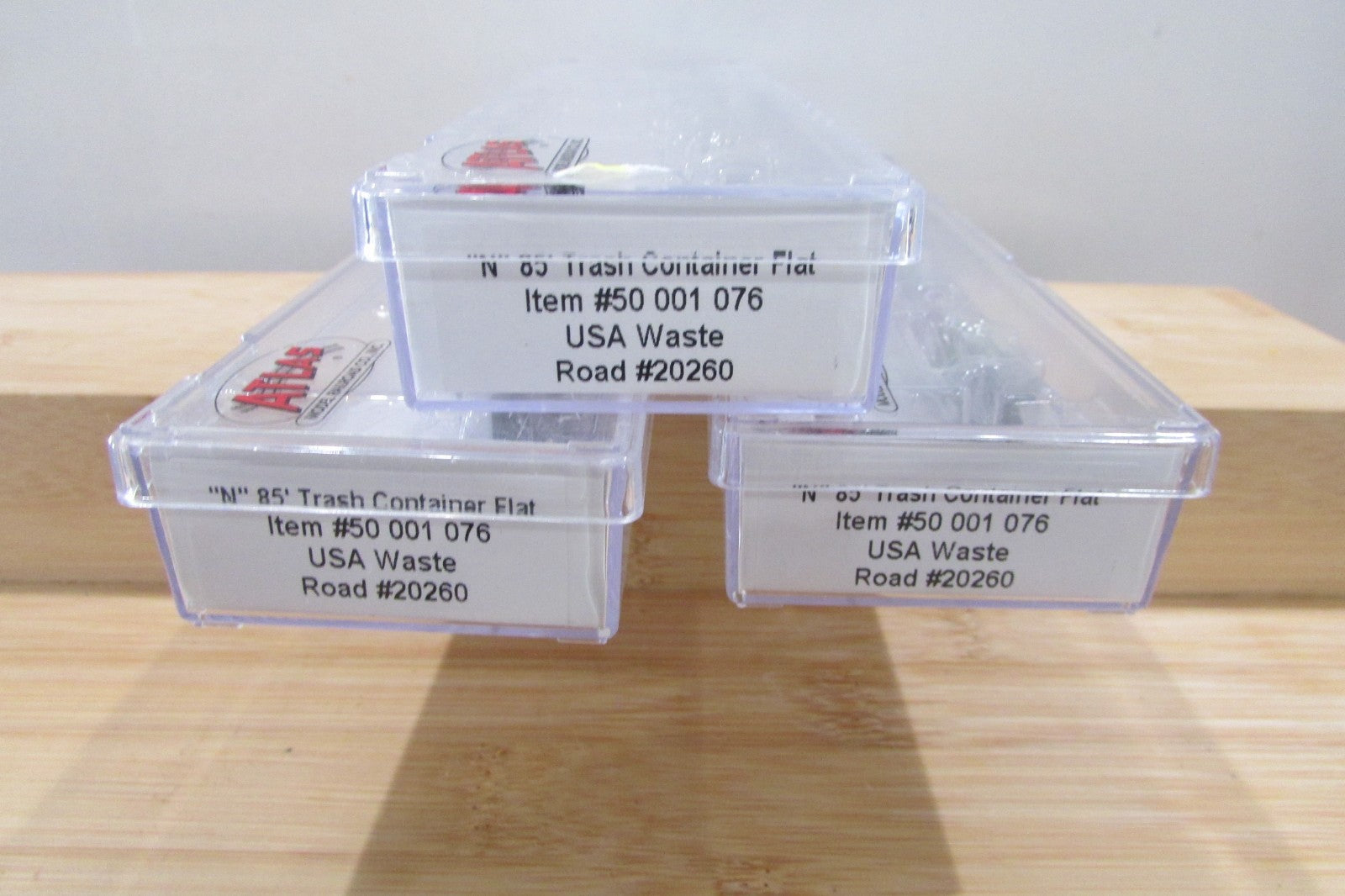 N Scale Atlas (3) 50-001-076 85' Trash Container Flat Car Lot#5073